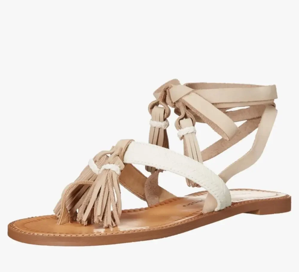 Chinese Laundry Boho Cream Leather Giordana Lace Up Flat Sandal Size 6.5 Tassels